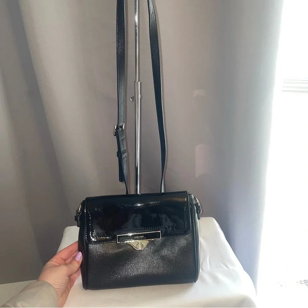 Nine West Women's Crossbody Handbag Adjustable Strap Black Faux Leather Patent